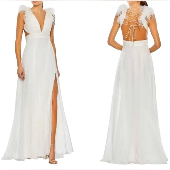 NWT Mac Duggal White Plunge Ostrich Feather Gown Dress 68113 Size 4 - Picture 4 of 8